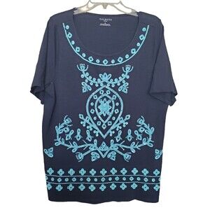 Talbots Woman Cotton Navy Turquoise-Sequined-Beaded Short Sleeve Tunic Size 1X